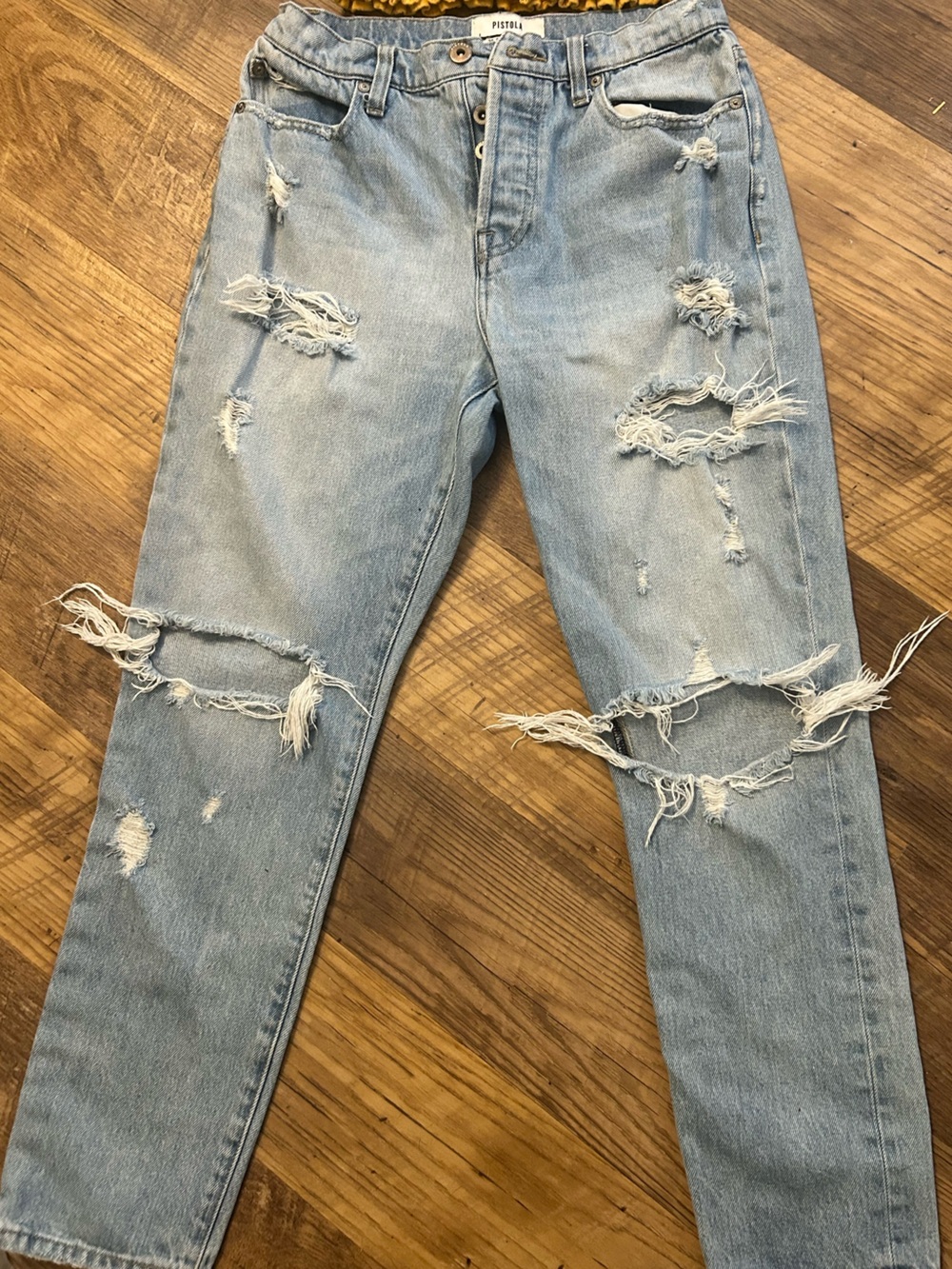 pistola Light Wash Distressed Boyfriend Jeans with Yellow smocked crop top small